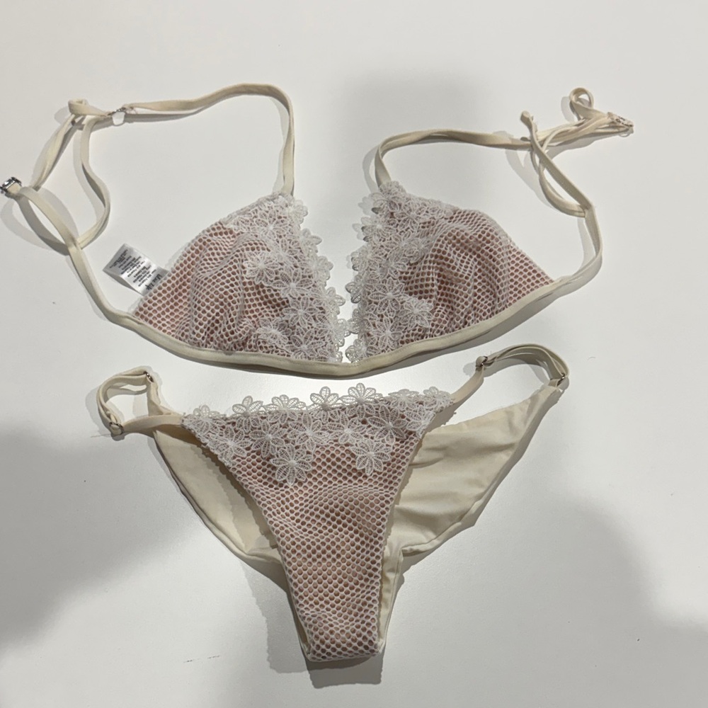 Blue Life Lace Trimmed Bikini Set - Cream and White